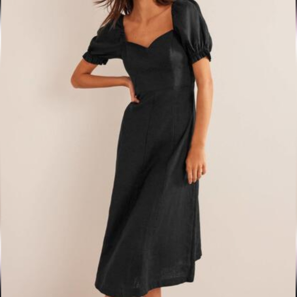 Boden Sweetheart Linen Midi Black Dress Puff Sleeve Size 8 Tall